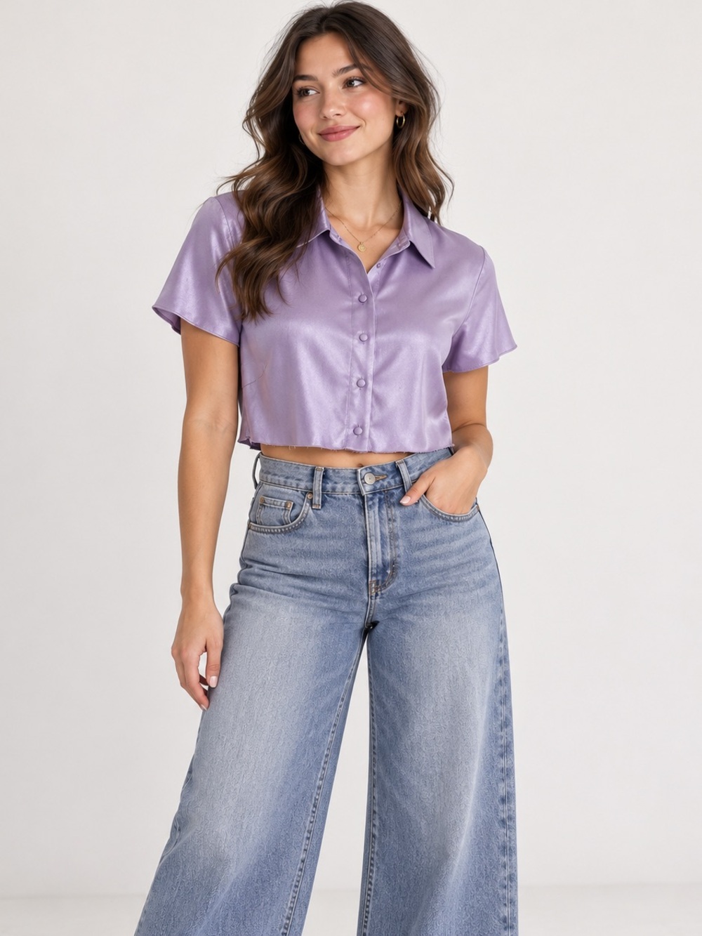 Vintage i.e. Silk Lilac Cropped Button-Up Short Sleeve Y2K Blouse Size Small